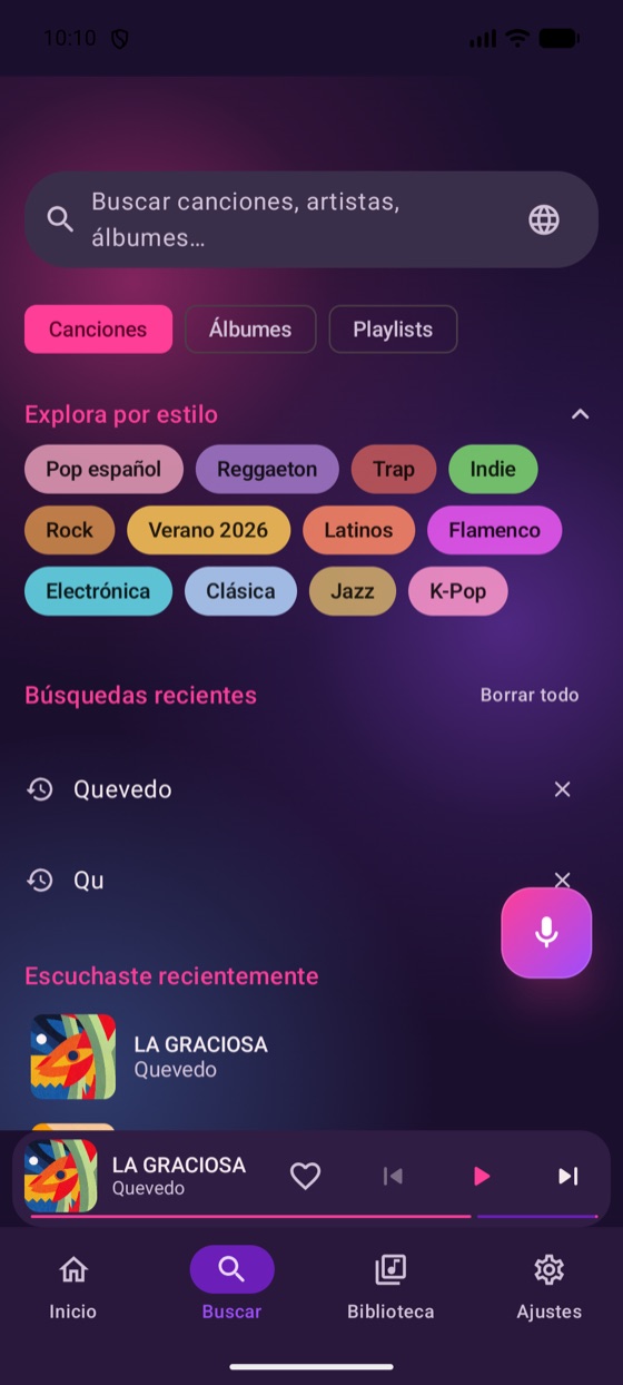 Buscador de Apolo con exploración por estilos y botón de micrófono para reconocer música