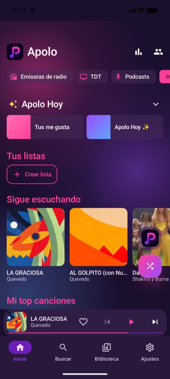 Pantalla de inicio de Apolo con Apolo Hoy, Sigue escuchando y mezclas Hecho para ti