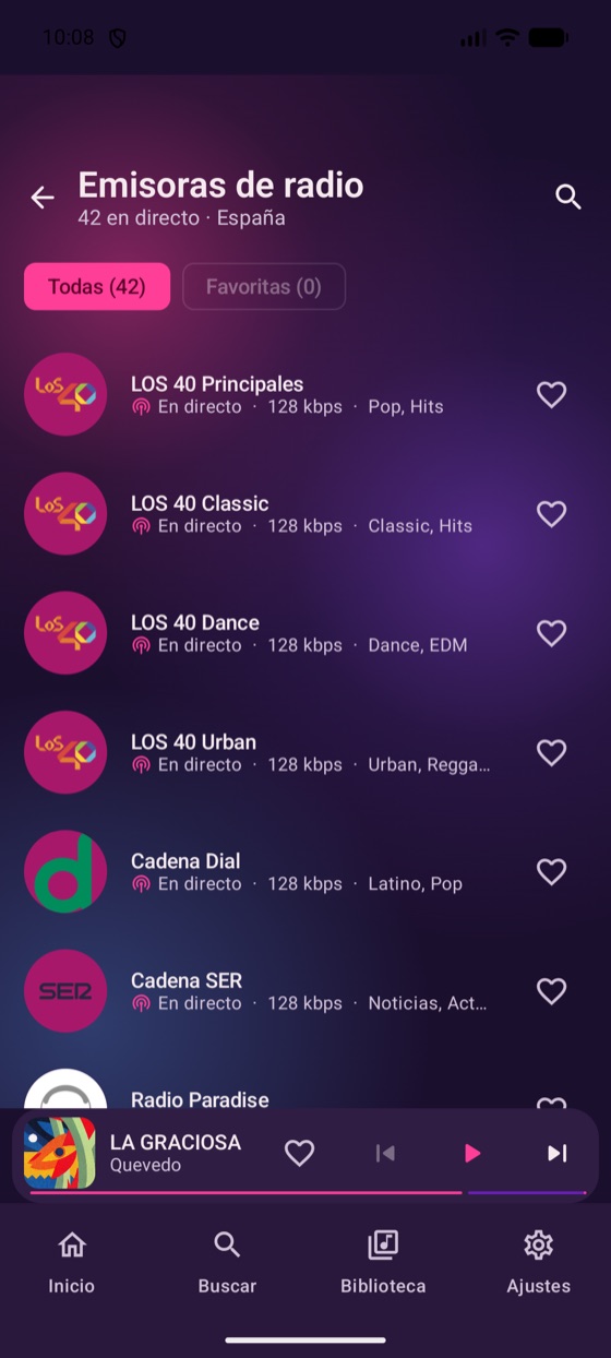Lista de 42 emisoras de radio en directo con logos, género y calidad