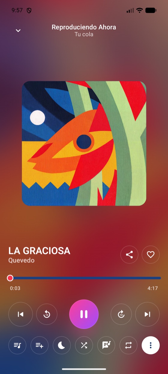 Reproductor de Apolo con barra de progreso ondulada, punto de posición y controles de salto de 15 segundos