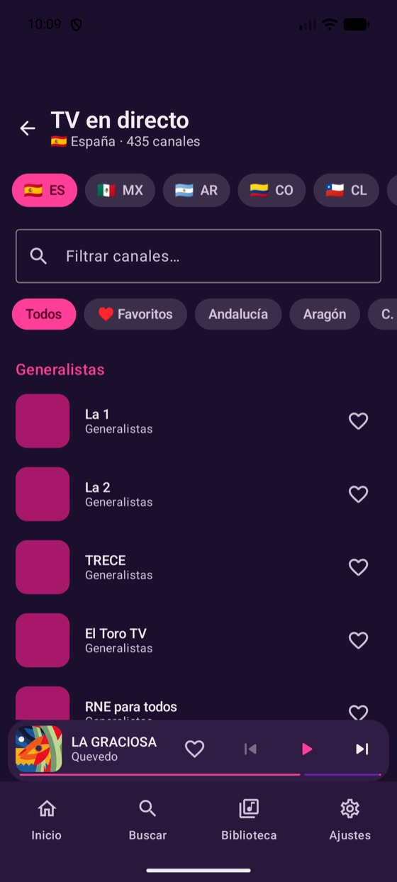 Lista de canales de TDT en directo con banderas de España, México, Argentina, Colombia y Chile