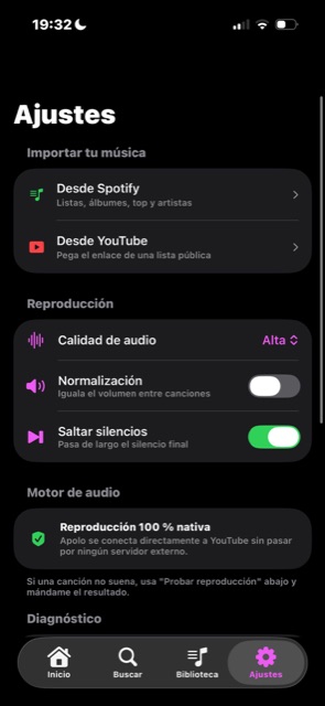 Importar música desde Spotify y YouTube en los ajustes de Apolo para iPhone