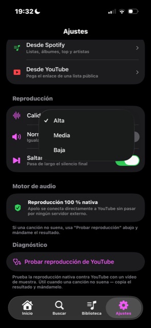 Ajustes de reproducción en iPhone: calidad de audio, normalización y motor 100% nativo