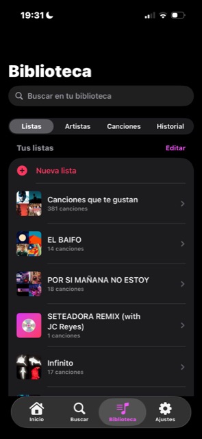 Listas de la biblioteca en iPhone con 'Canciones que te gustan' y playlists propias