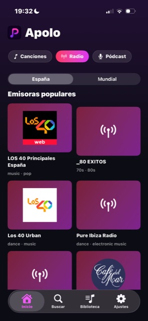 Radio de España en Apolo para iPhone con LOS 40 Principales y emisoras populares