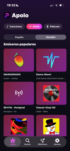 Radio mundial en Apolo para iPhone con MANGORADIO, Dance Wave y Classic Vinyl HD